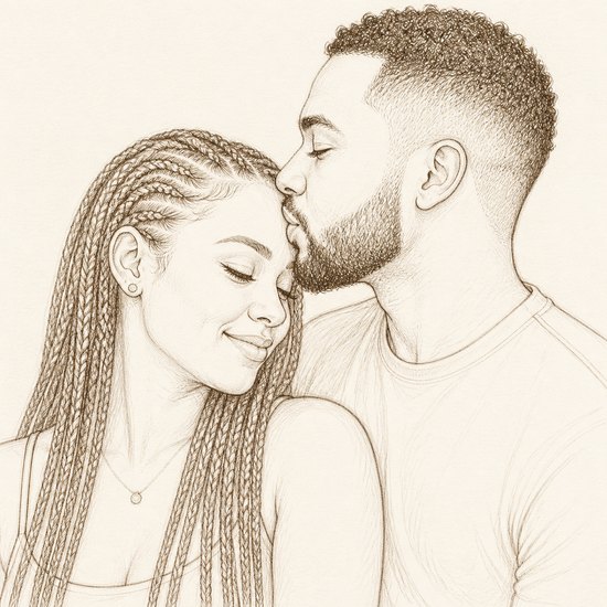 Forehead Kiss premium portrait: he kisses her forehead as she smiles with eyes closed