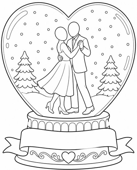 Heart Snow Globe design: the couple dances inside a heart-shaped snow globe