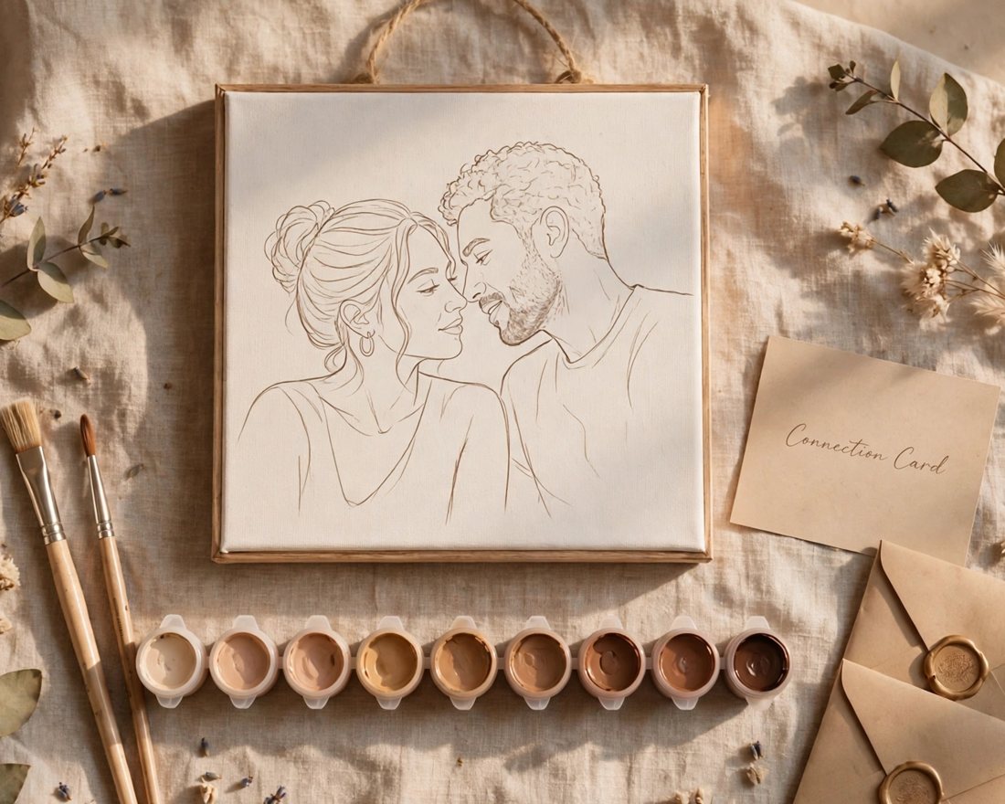 A Brushed by Love kit: a pre-drawn couple portrait canvas, skin-tone paint pots, brushes, a connection card and two sealed love-letter envelopes