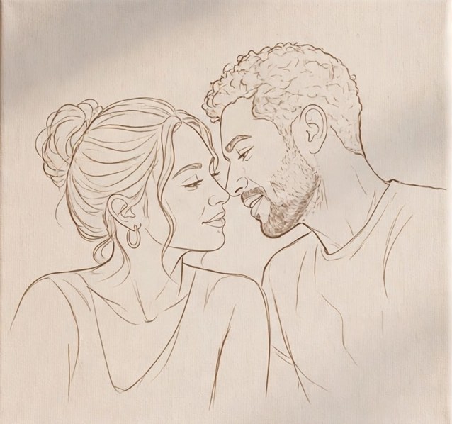 Nose to Nose design: a close portrait of the couple, nose to nose, drawn with their own faces and hair