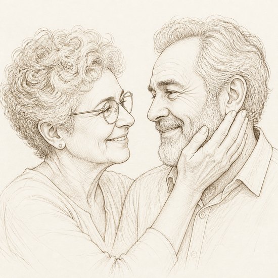 Still Us premium portrait: an older couple gazing at each other, her hand on his cheek