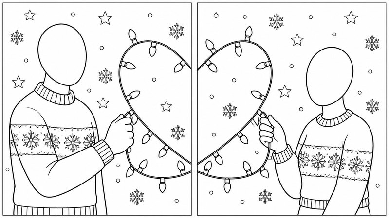 String of Lights design: a strand of Christmas lights forms a heart across two canvases