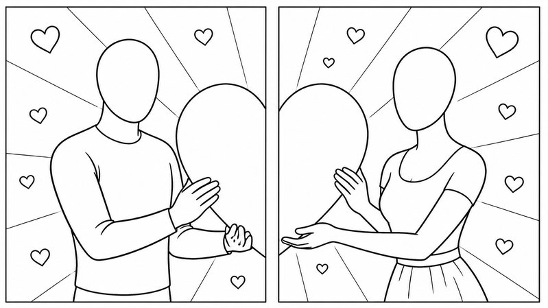 Two Halves of One Heart line-art design: each partner holds half of a heart across two canvases