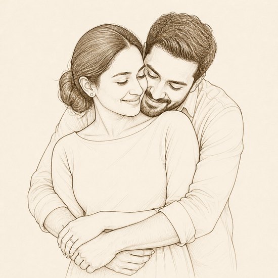 Wrapped in You premium portrait: he hugs her from behind, both smiling